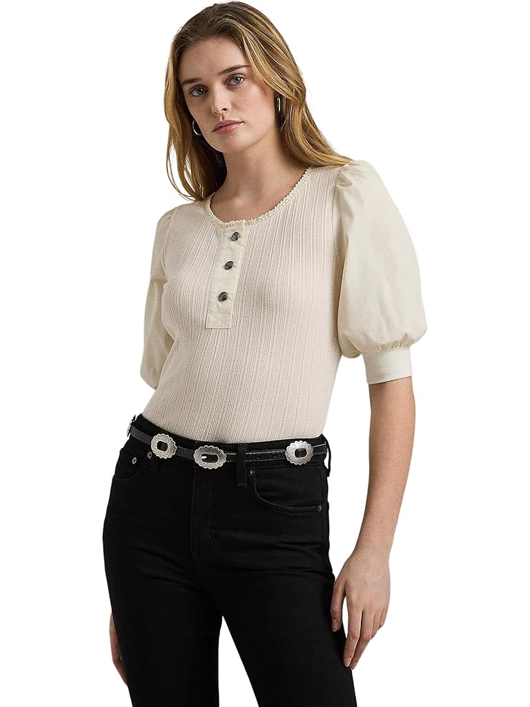 White LAUREN Ralph Lauren Pointelle Puff Sleeve Henley Tee